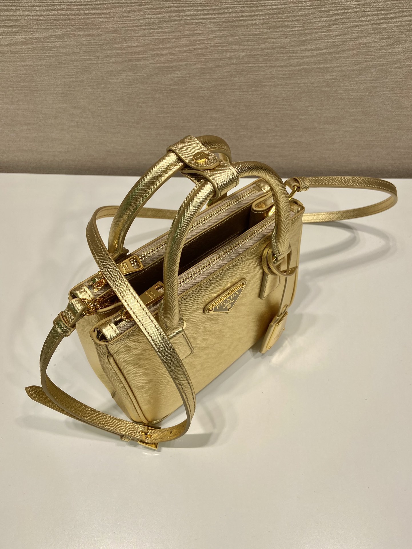 Prada Mini Galleria Saffiano Leather Bag Tote Shoulder Bag Gold 1BA906